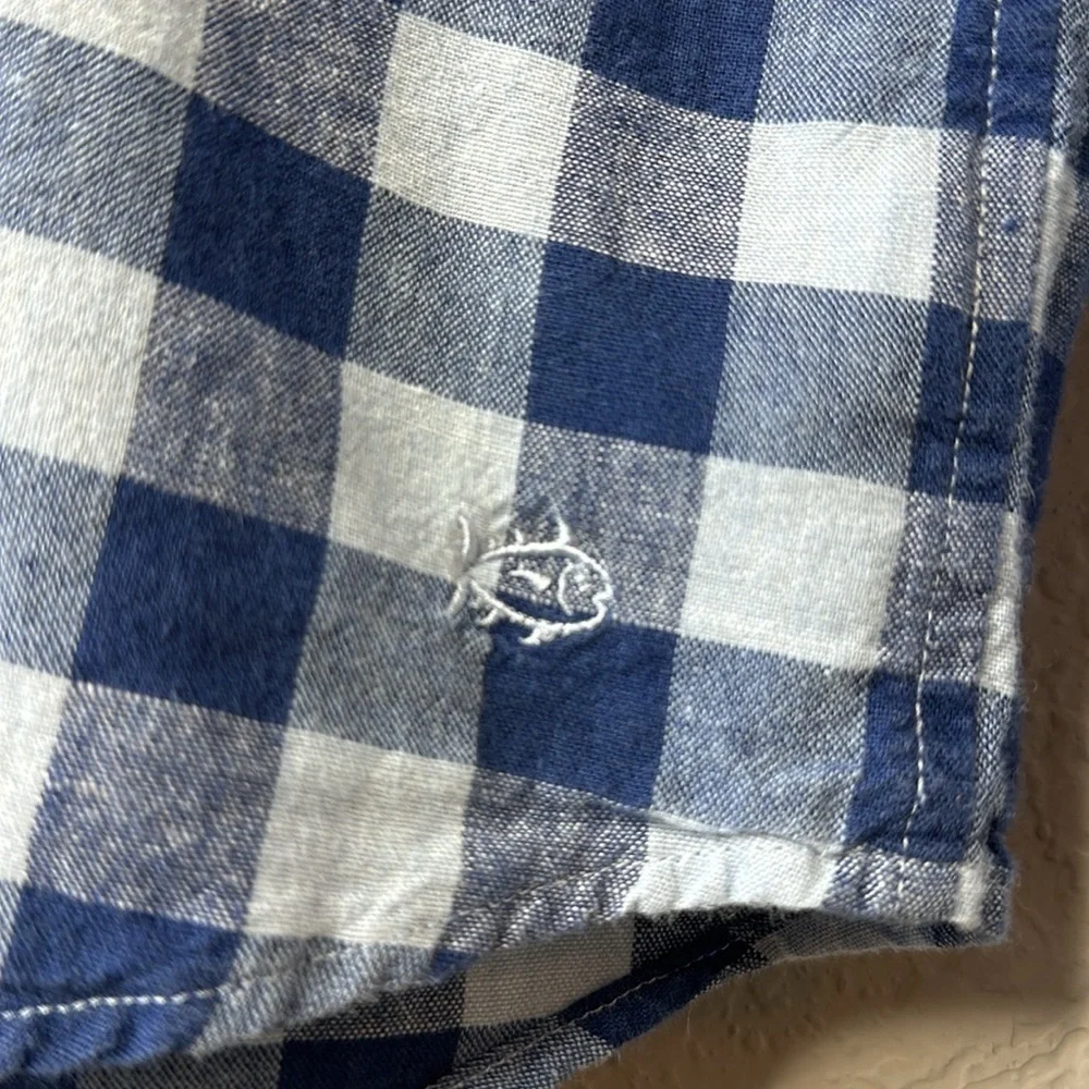 Southern Tide Blue White Gingham Linen‎ Blend Popover Shirt Size M